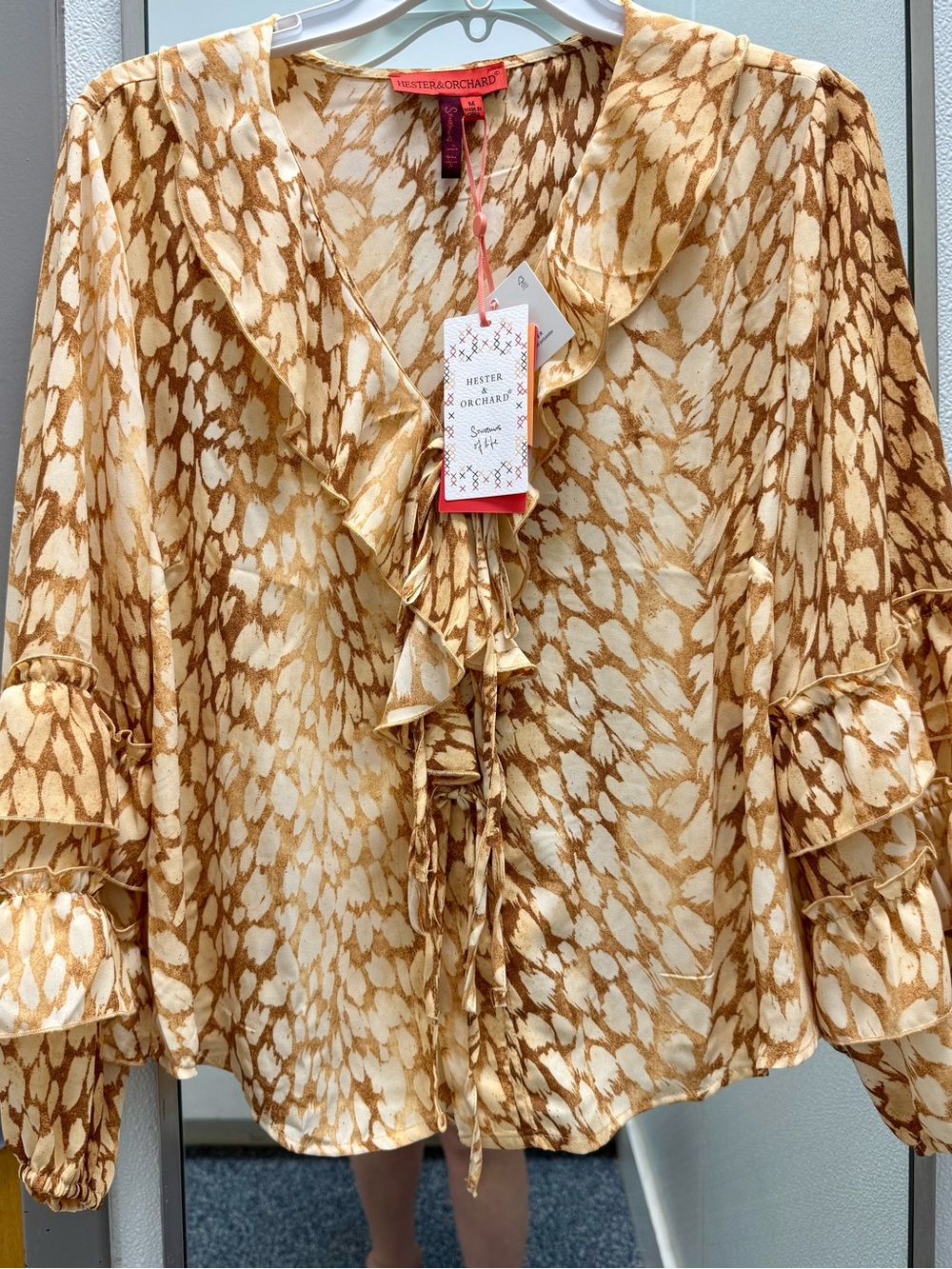 Hester & Orchard Cream and Tan Ruffle Front Blouse